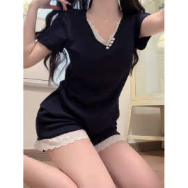 实价~睡衣女款凉感花边甜美家居服短裤薄高级感带胸垫可外穿