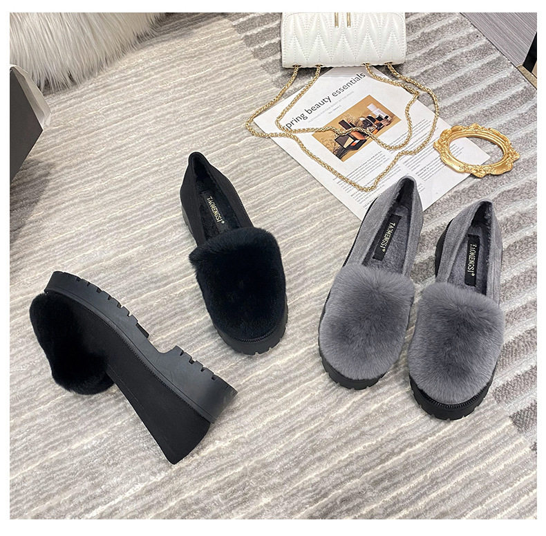 Giày lười nữ đế dày lót lông giữ ấm, giày bông mũi tròn gót 3-5 cm — Màu xám, Màu đen chi tiết 23