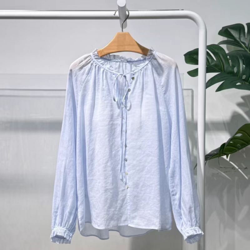 M**Meng Women's Clothing 2026 Summer New Style Simple and Fashionable Lace Collar Tie Long Sleeve Ramie Shirt for Women 5H4120551