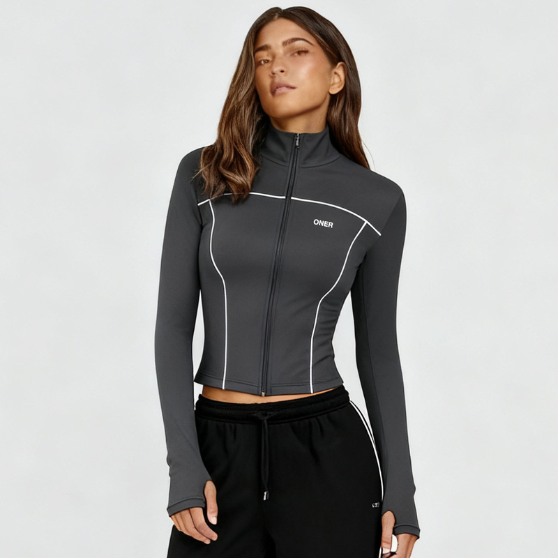 Oneractive Women's Tight Long Sleeve Autumn and Winter Yoga Tops Contrast Color Zipper Tops Fitness Training Top