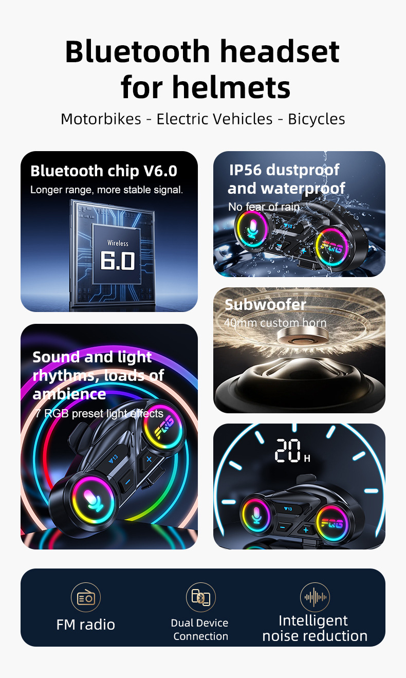 Cross-Border New Model Y13 Helmet Bluetooth Headset Fm Radio Colorful Waterproof Noise Reduction Long Battery Life Multi-Linkage Mobile Phone