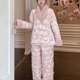 珊瑚绒三层夹棉睡衣女新款国风毛毛领冬季加厚外穿洋气家居服