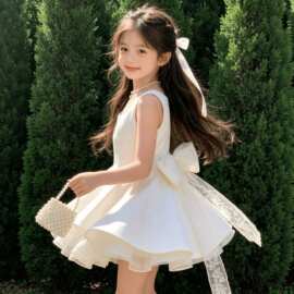 2026夏新款女童无袖公主蓬蓬裙后背大蝴蝶结蕾丝连衣裙生日礼服裙