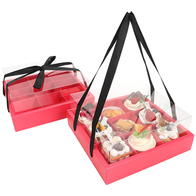 Rosa roja 9 taza de rejilla de palacio taza de papel caja de pastel portátil caja de empaque de postre transparente para llevar caja de picnic de frutas