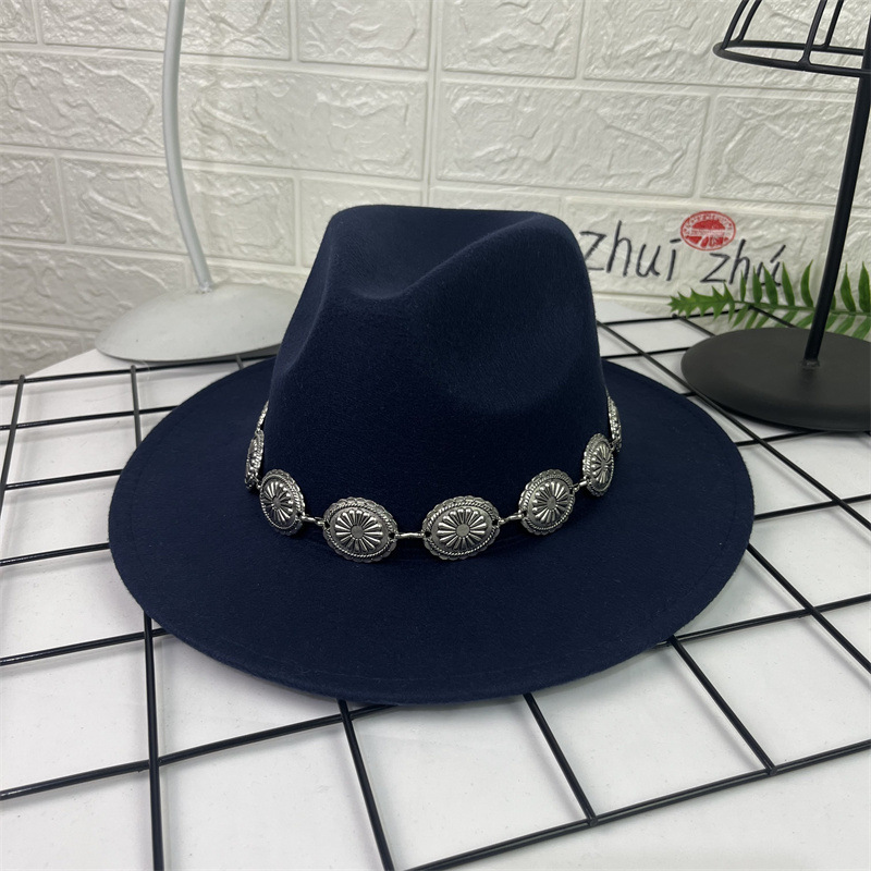 Sombrero de lana europeo y americano sombrero de fieltro de estilo británico decoración de cadena ovalada AliExpress sombrero de jazz borde plano sombrero superior para hombres