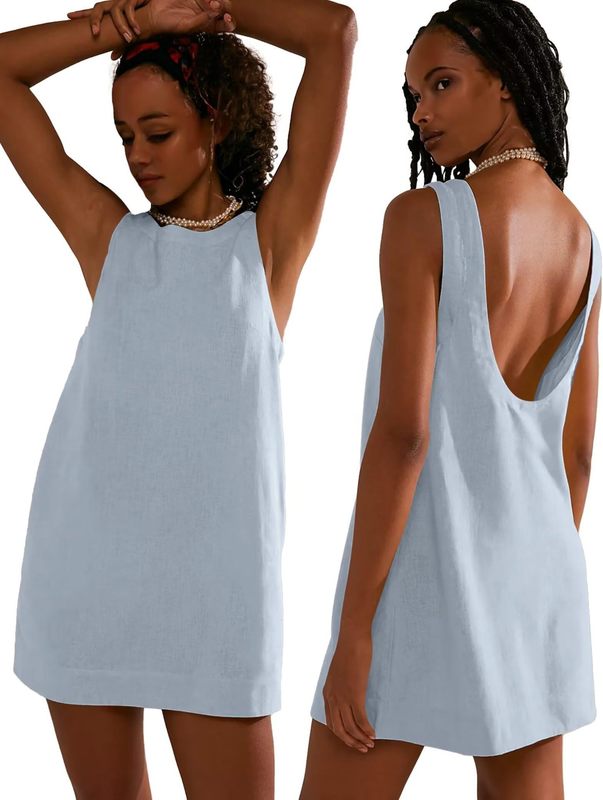 2024 ヨーロッパとアメリカの夏の新しいクロスボーダー Amazon 婦人服コットンとリネンのベストバックレスソリッドカラーミニドレスマルチカラー|undefined