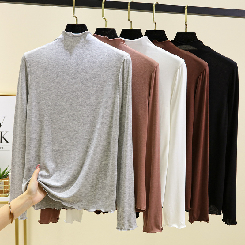 Bit cotton flying edge half turtleneck stretch long-sleeved T-shirt spring and autumn fashion sweet bottoming shirt solid color all-match top Bit cotton flying edge half turtleneck stretch long-sleeved T-shirt spring and autumn fashion sweet bottoming shirt solid color all-match top