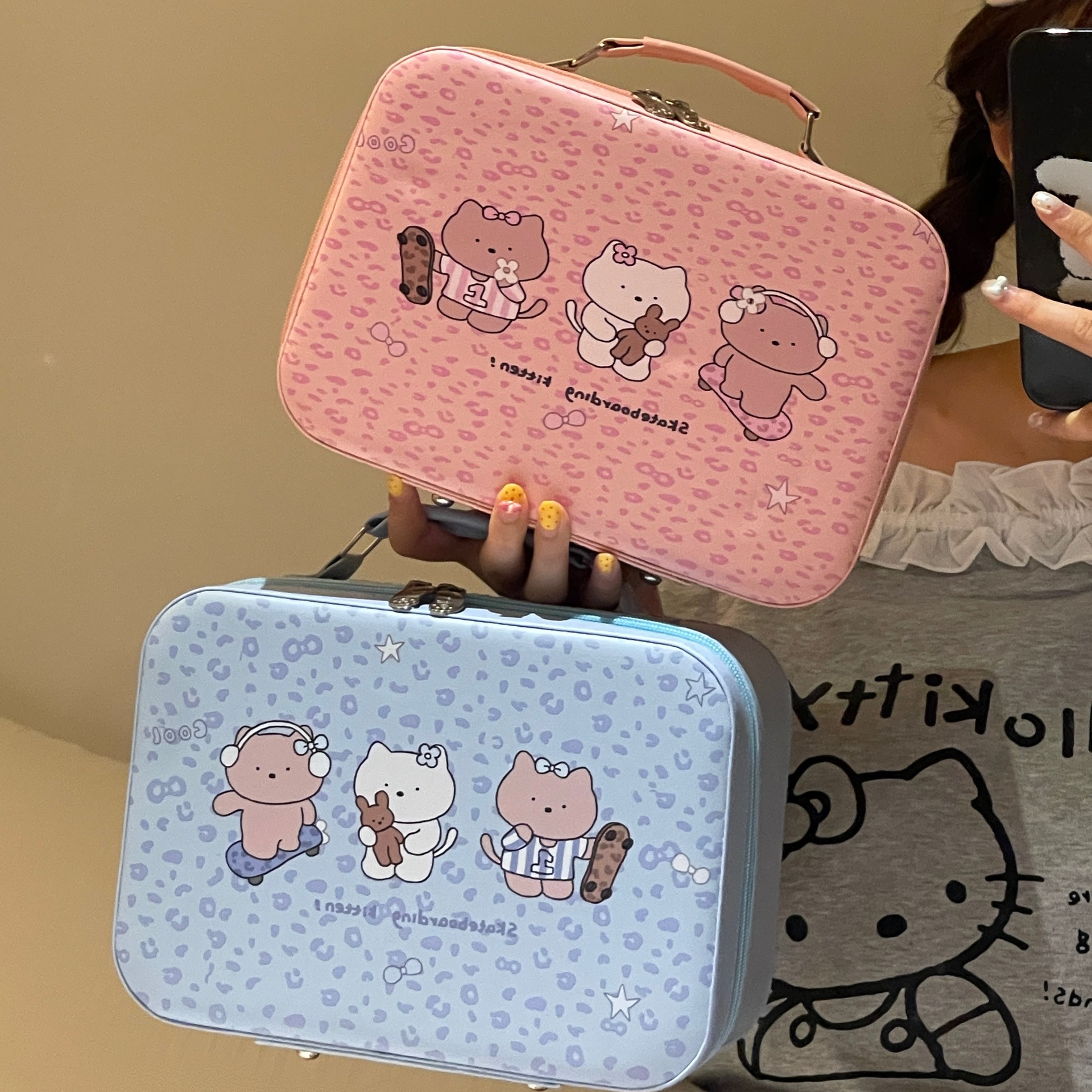 Leopardo gatito bolsa de maquillaje portátil linda gran capacidad portátil espejo impermeable caja de almacenamiento de productos de cuidado de la piel