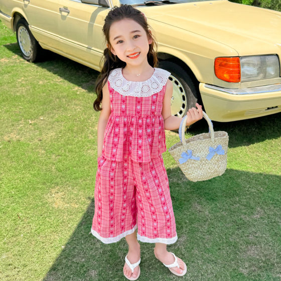 Girl's Ledge Collar suit Summer New Baby Girl's Anti-mosquito Wide Leg Pants Summer Dress Girl's Internet Celebrant Two-piece Set