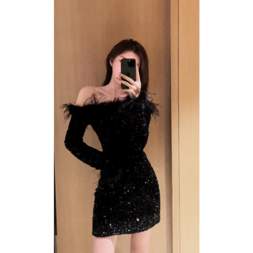 Birthday dress nightclub black skirt one shoulder sequined dress women  sexy dress