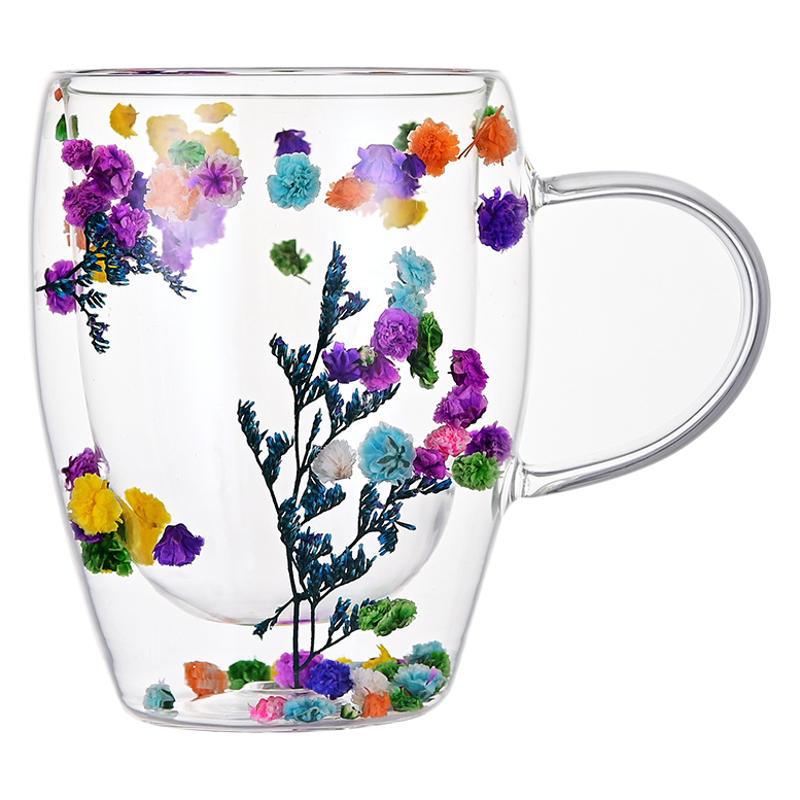 Caneca de vidro parede dupla resistente ao calor com flores secas_voghion.com