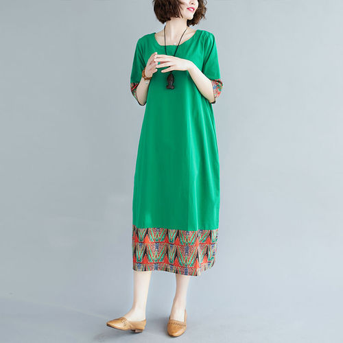 Ethnic-style retro color-blocking patchwork print short-sleeve dress for summer plus size loose youthful tunic women long dress