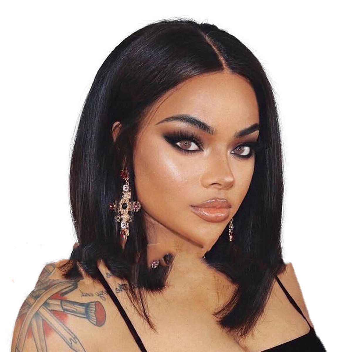 Amazon nueva peluca europea y americana de las mujeres de longitud media de pelo corto recto oblicuo Bangs onda cabeza gradiente de color moda pelo corto cubierta de la cabeza