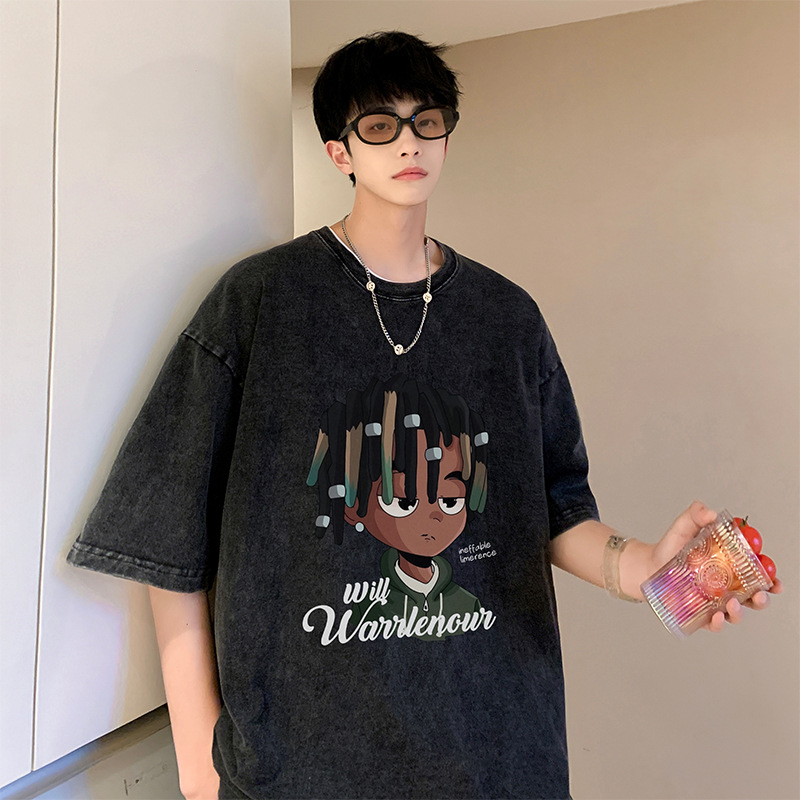 Camiseta de manga corta de algodón puro desgastado lavado retro americano para hombre, camiseta de media manga de marca holgada informal de verano para hombre