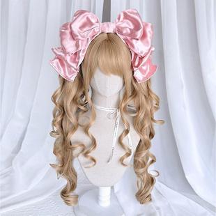 Wig with Double Ponytails for Women with Long Curly Hair, Tiger Mouth Clip, Double Ponytails, Doll Gold Japanese Style Lolita Full Headgear