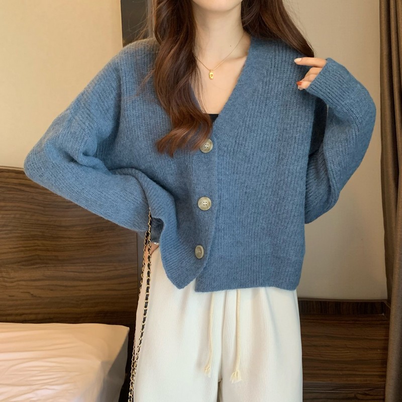 올가을 신상 아보카도 그린 작은 상큼한 니트 카디건녀 디자인 감각 패션