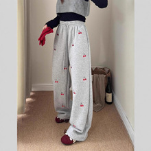 韩代小樱桃刺绣两穿加绒高腰直筒裤女25冬季新款慵懒风百搭长裤