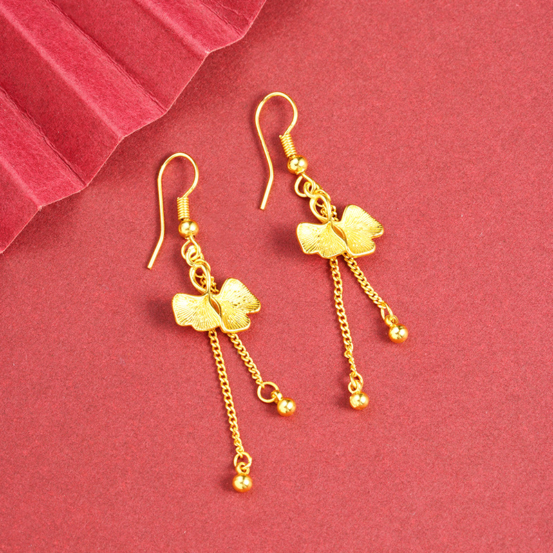 Ginkgo biloba arudo vietnamita pendientes de orejas frillones alta sensación de lujo ligero chapado en oro no desvanecer joyas accesorios al por mayor
