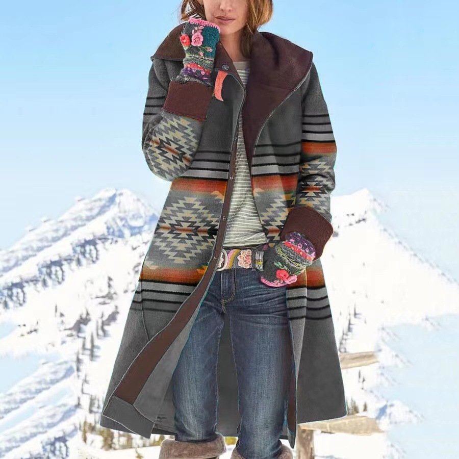 WT1129 Otoño e invierno nueva ropa de mujer de comercio exterior transfronterizo Amazon chaqueta de lana de manga larga estampada de longitud media nuevo estilo