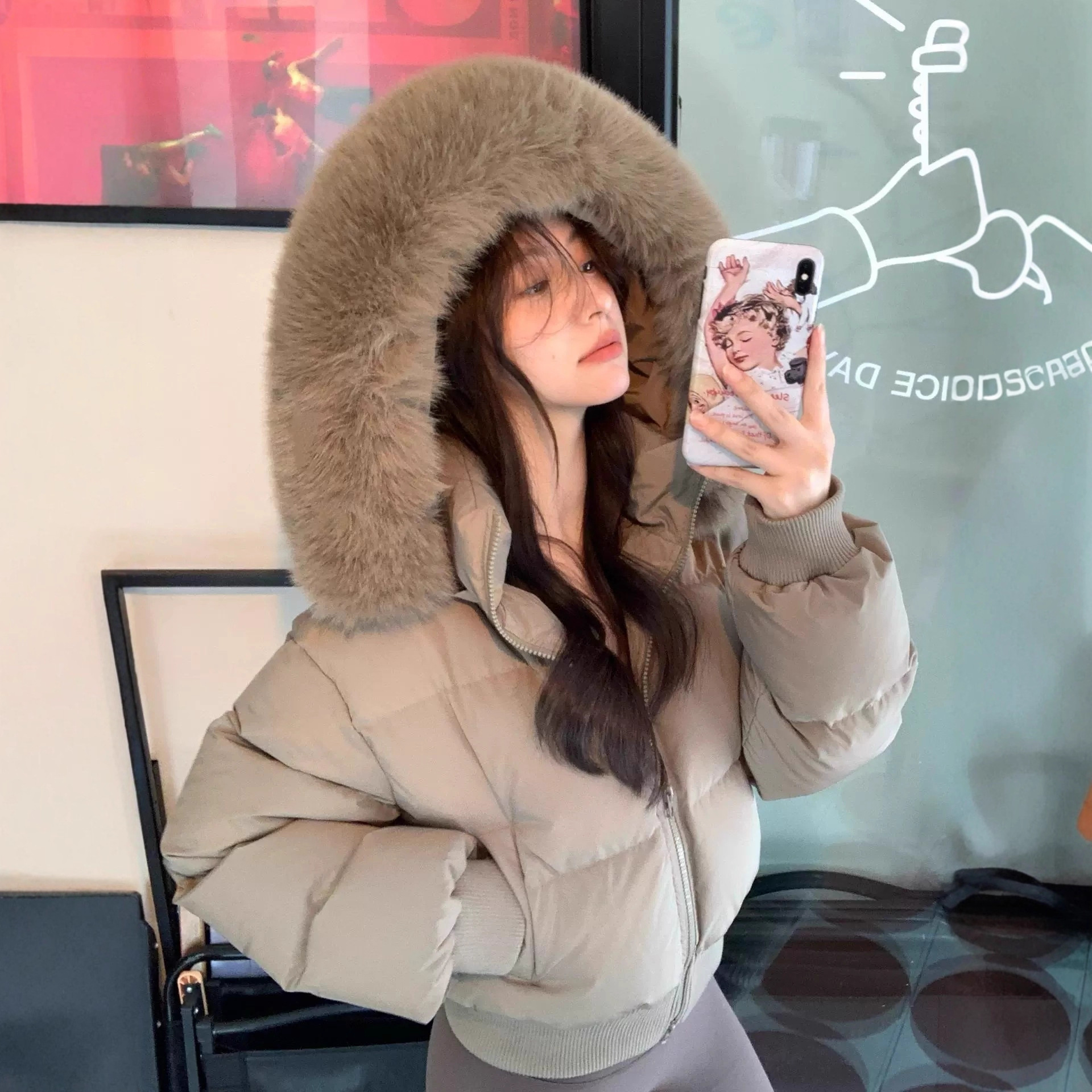 Winter New 90 White Duck down Korean Style Large Fur Collar down Jacket Women's Short Kendall High Waist Slimming Look Petite Jacket