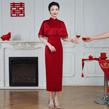 喜妈妈礼服红色旗袍2025新款醋酸提花斗篷两件套婆婆婚宴装60718
