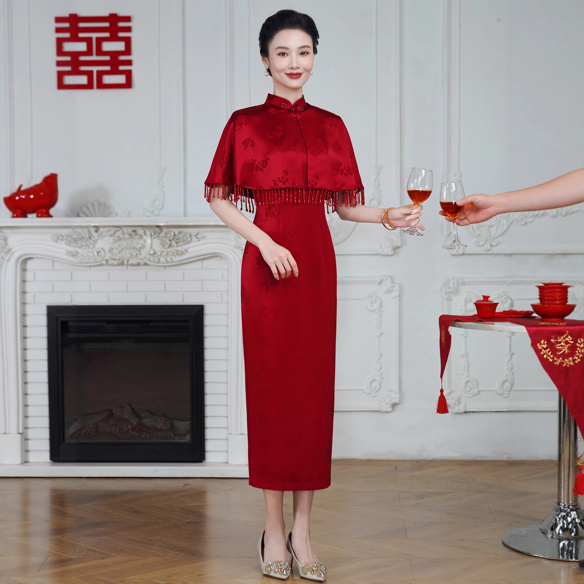 喜妈妈礼服红色旗袍2025新款醋酸提花斗篷两件套婆婆婚宴装60718