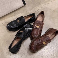 牛革バージョン ~ Xingshengda 靴古い馬革レトロポリッシュ小さな金貨厚いヒールローファー女性の小さな革の靴
