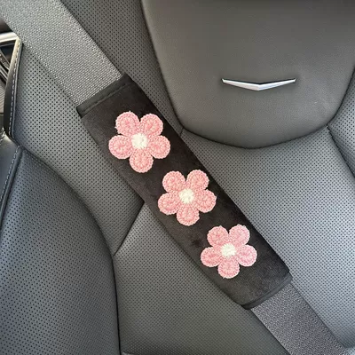 Car Seat Belt Shoulder Cover Flower Car Soft Anti-Strangle Protective Cover Lady Goddess Car Interior Decoration (Seat belt shoulder pad) - black-short-plush-pink-flower-one-size-fits-all
