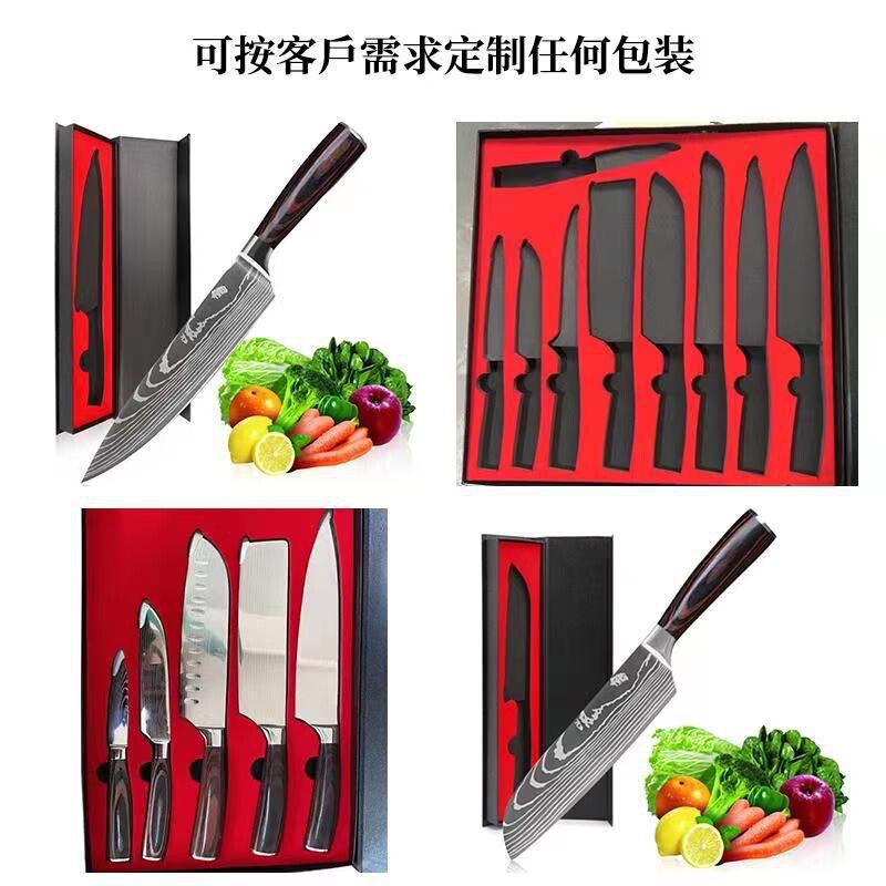 现货跨境不锈钢爆款高颜值大马士革纹彩木柄厨房家用刀具套装批发|undefined