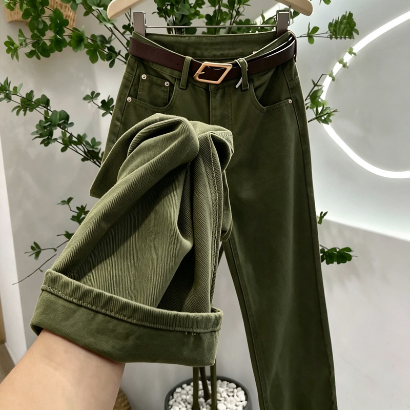 Olive green high-waisted straight-leg jeans for women, 2026 new autumn collection, loose fit, slimming effect, and flowing long pants