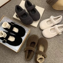 灰色玛丽珍毛毛鞋女冬外穿新款韩版呢子单鞋女平底加绒保暖棉鞋子