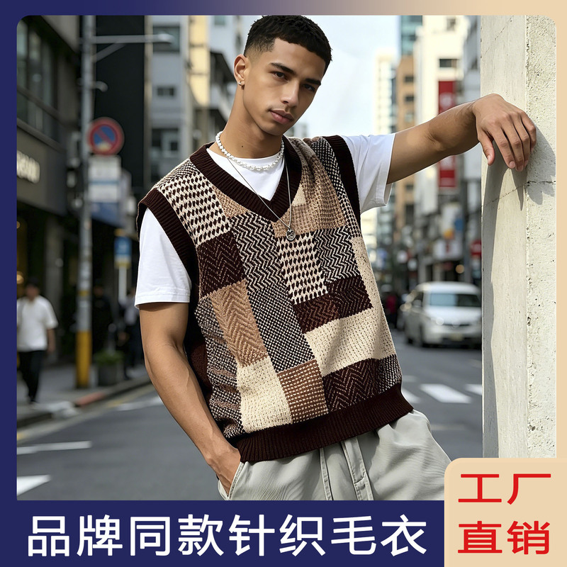 Men's Fashion Casual Color-Blocked Double-Sided Jacquard Sleeveless Pullover Knitted Vest V-Neck Sweater for Foreign Trade and Cross-Border Sales Men's Fashion Casual Color-Blocked Double-Sided Jacquard Sleeveless Pullover Knitted Vest V-Neck Sweater for Foreign Trade and Cross-Border Sales
