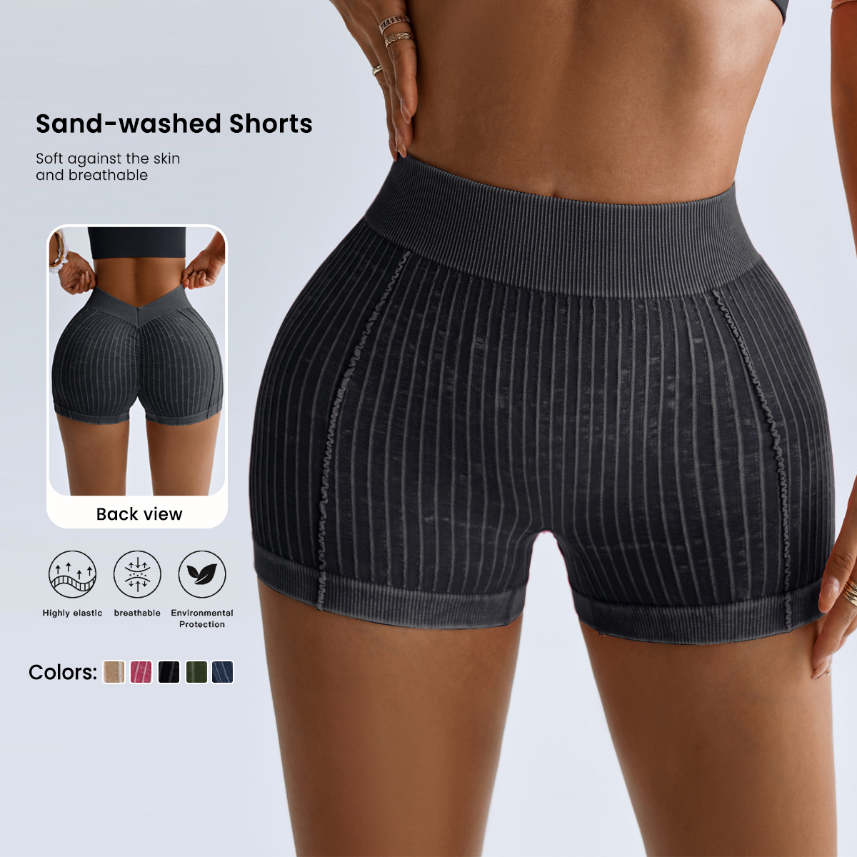 New High-Elastic Fitness Clothing with V-Waist Peach Butt Lift, Sand-Washed Ribbed High-Waist Design for Outdoor Yoga Activities
