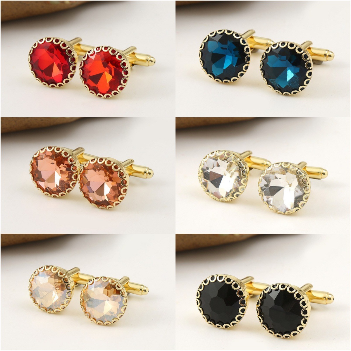 Cross-Border Men's Fashion round cufflinks personality French Diamond Crystal cufflinks light luxury retro temperament Red Crystal