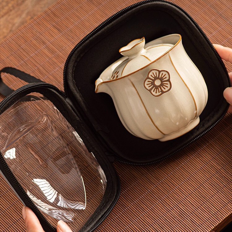 米黄汝窑一壶三杯旅行茶具套装户外家里轻奢功夫茶具中秋节伴手礼|undefined