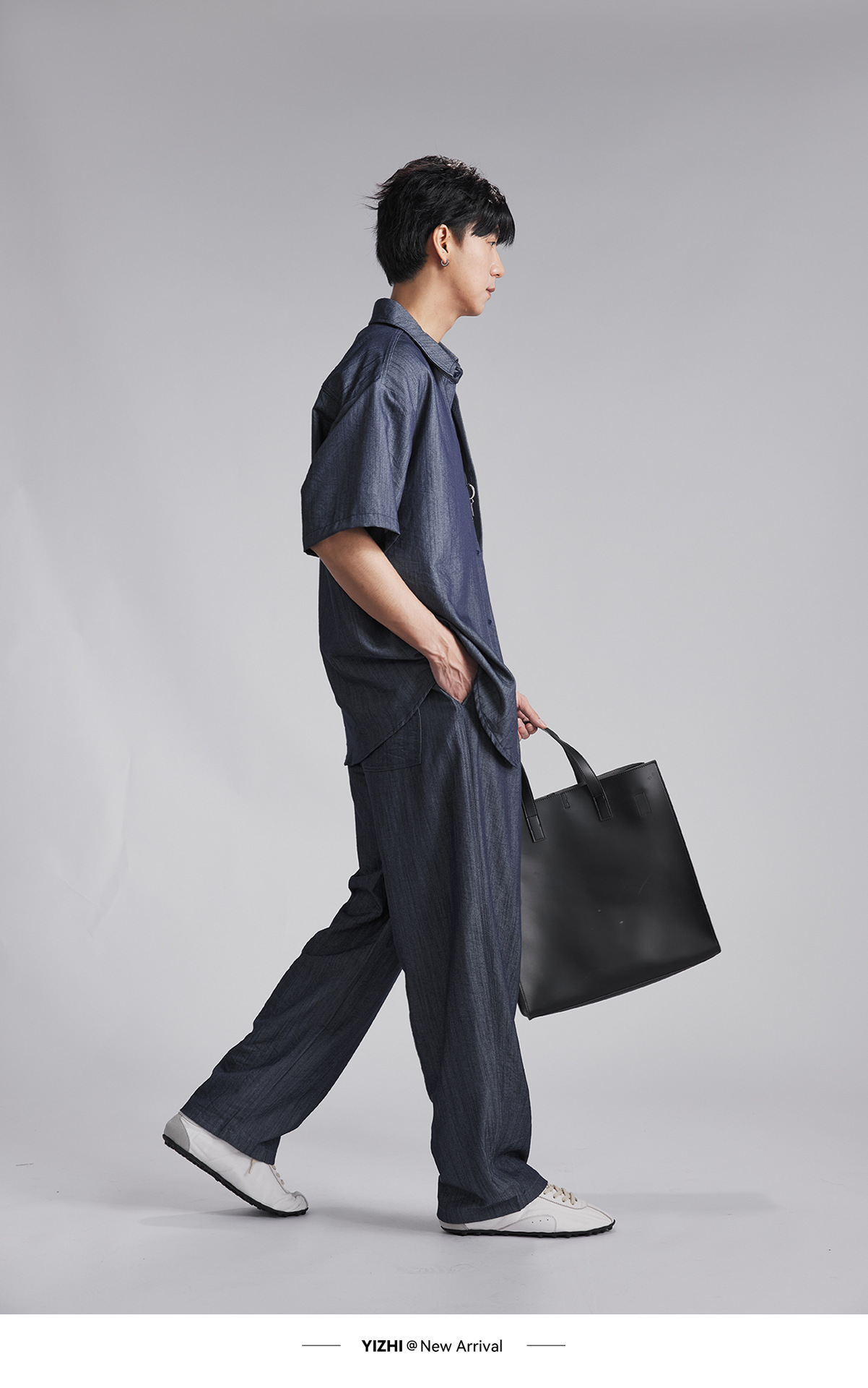 Bộ đồ thể thao nam phong cách denim giả, áo sơ mi dài tay phối quần ống rộng — Tây Tạng màu xanh - quần dài chi tiết 12