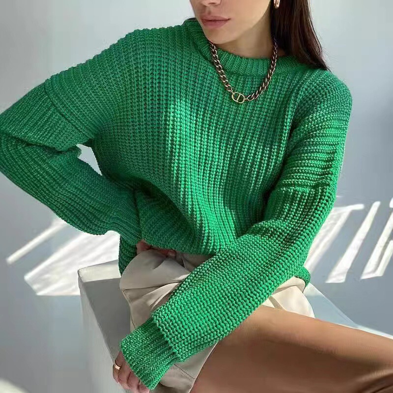 2024 Autumn and Winter Cross-Border Plus Size Women's Round Neck Pure Color Long-Sleeved Knitted Large Size Sweater Loose Fat