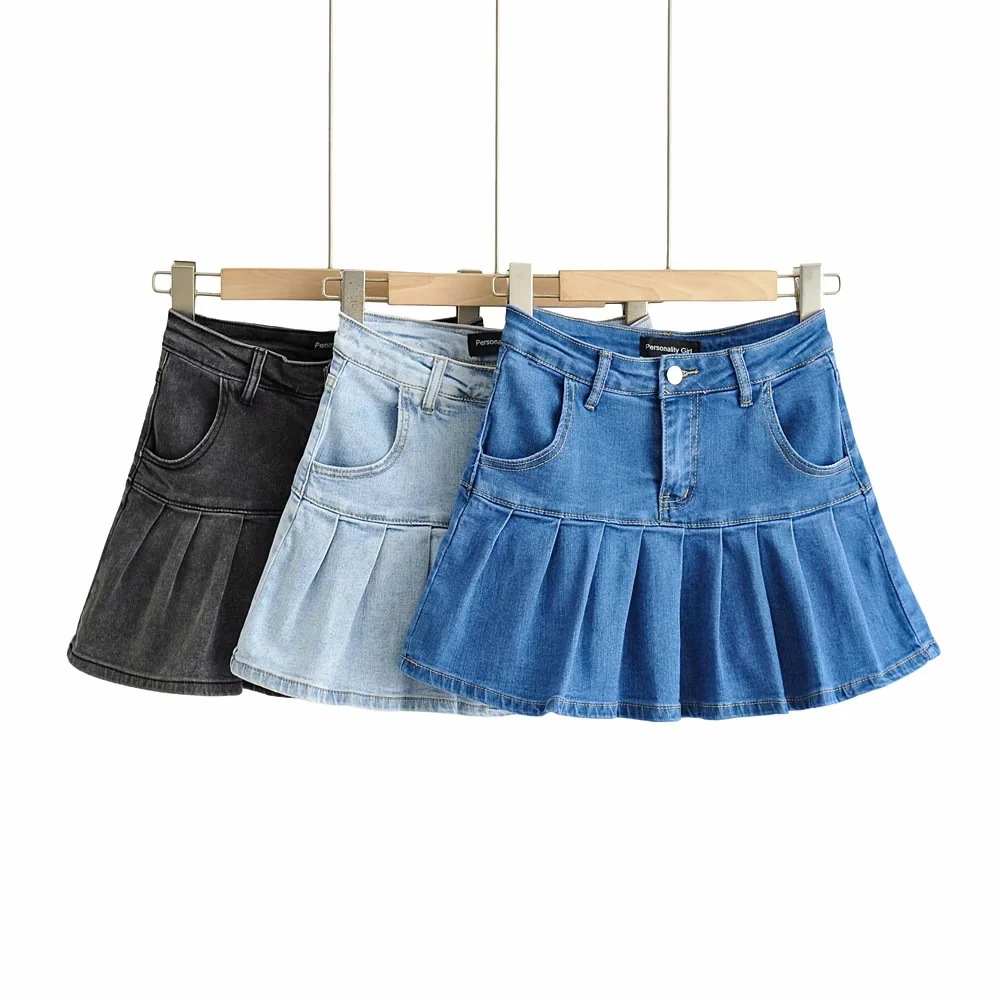 solid color denim stitching short pleated skirt NSHS30999