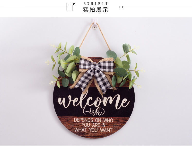 跨境木质门牌Welcome挂牌聚会圆形欢迎木制门前迎宾HOME蝴蝶结挂-阿里巴巴