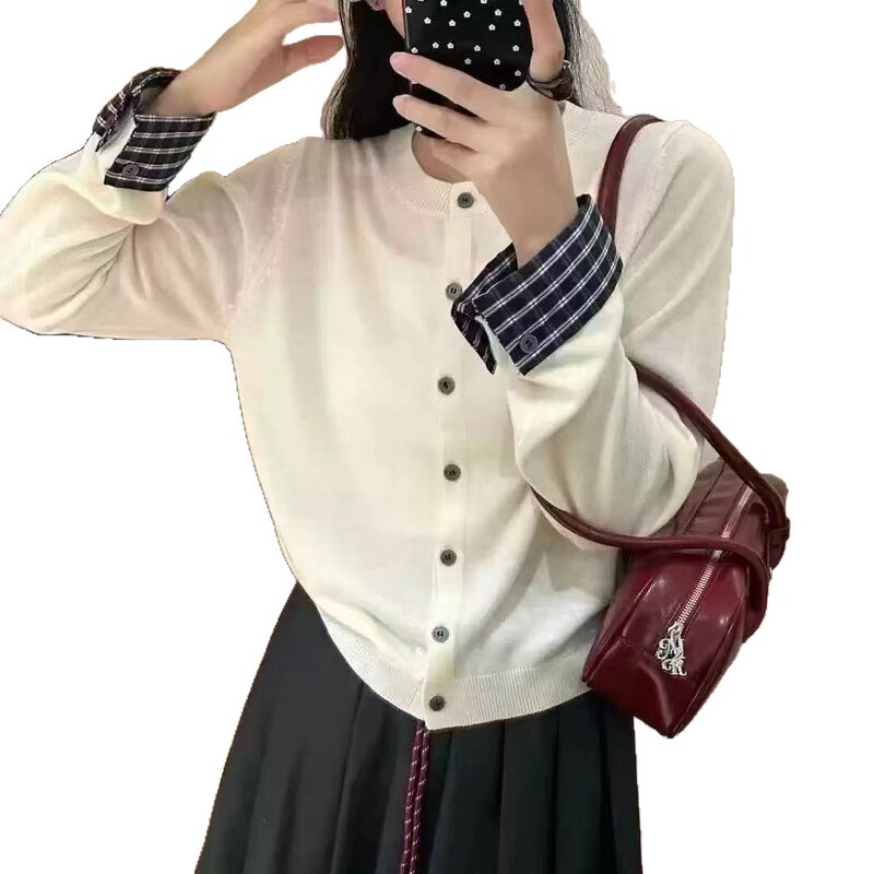 MJG时尚拼接假两件针织开衫女2025秋冬季新款单排扣打底毛衣外套|undefined