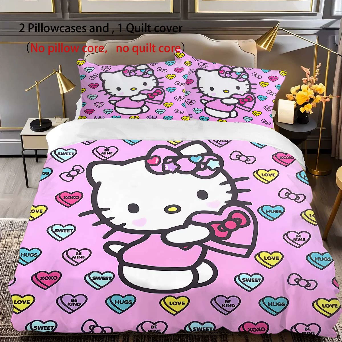 Sanrio, hello kitty, cartoon bedspread, set with zipper, print, polyester