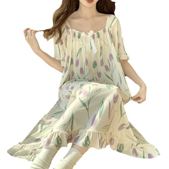 2024 Nightgown Women's Summer Ice Silk Short-sleeved Sweet Princess Style Plus Large Size chubby girl 150.00kg Loose Pajamas