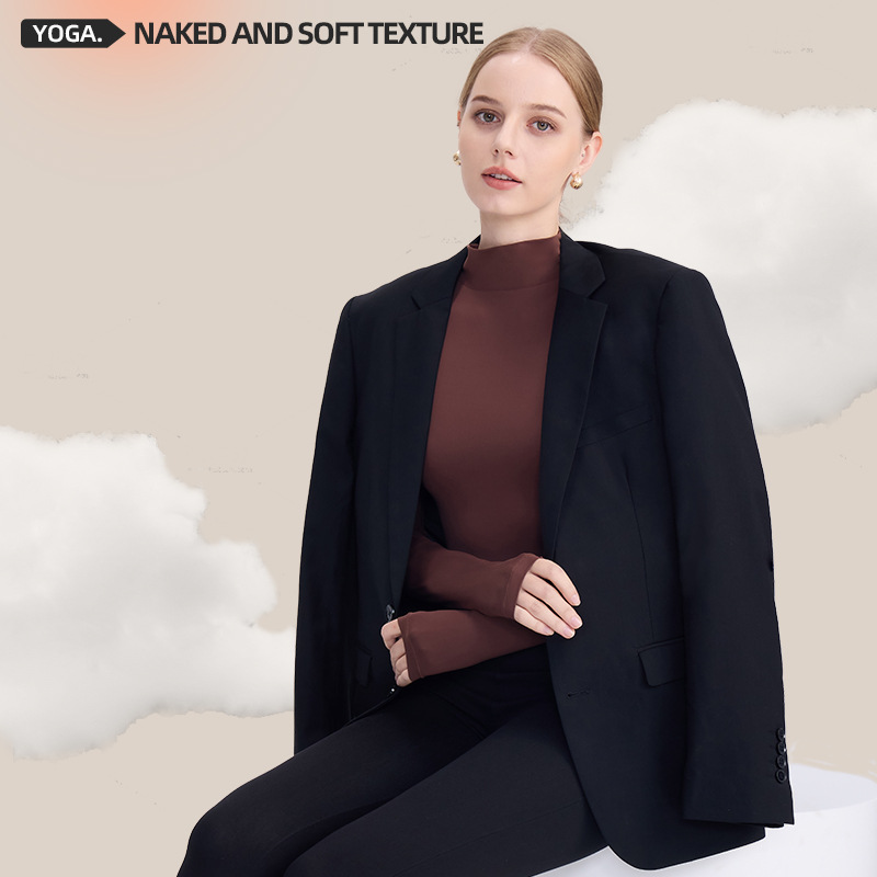 2025 otoño y invierno nuevo tipo de ropa de yoga para mujeres elástica suave de doble capa caliente de manga larga delgada camisa de base de cuello alto nube suave