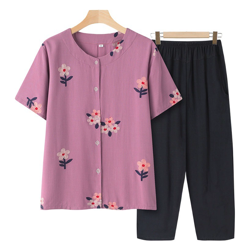 Летний кардиган для матери с короткими рукавами, женский свободный костюм для среднего и пожилого возраста, рубашка, хлопковый Шелковый комплект из двух предметов для бабушки