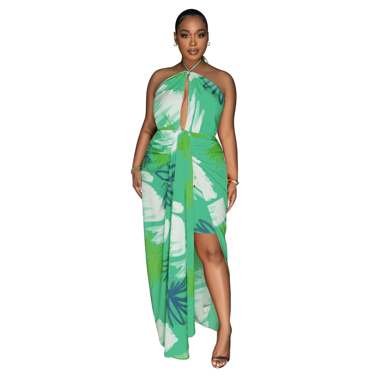 C6921 Aliexpress transfronterizo Amazon estación independiente de moda europea y americana ropa de mujer de espalda descubierta correa impresa vestido largo