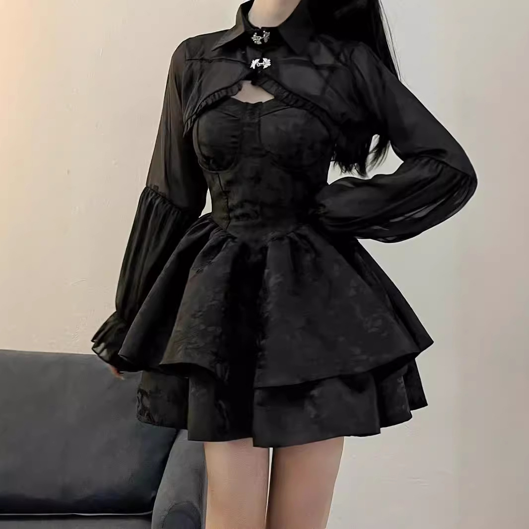 카디건 어깨 패션 봄과 여름 세트 달콤한 쿨 스파이스 소녀 우아한 리틀 블랙 원피스 중공업 자카드 스트랩 폰테 원피스