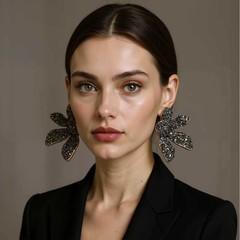 ZA跨境简约时尚气质轻奢合金满钻花朵扇形耳钉百搭日常通勤女耳饰