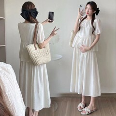 2024年妊婦の夏服の新型ファッションデザイン感偽二枚半袖ゆるい妊婦ワンピースネット赤起爆