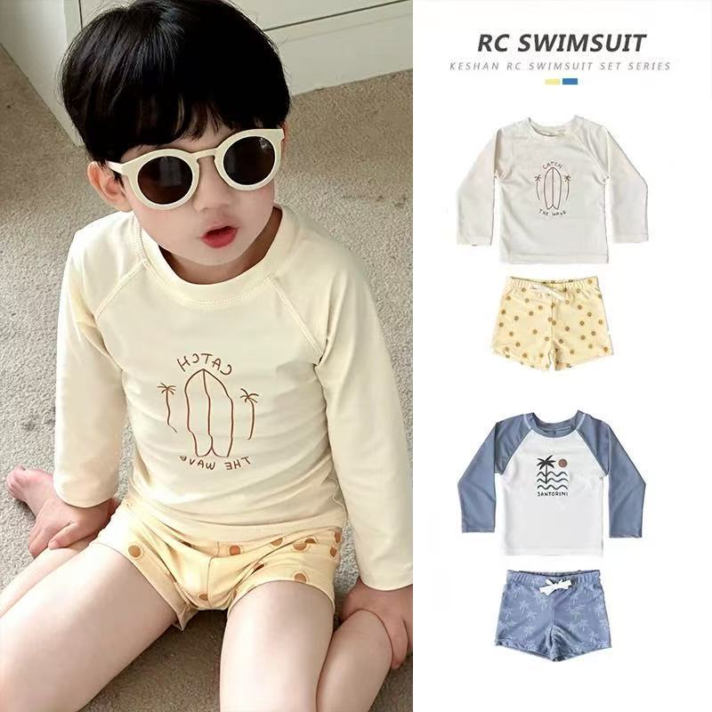 2025 New Summer Kidsren's Swimsuit for Men and Women, Long-Sleeved Sun Protection Split Swimsuit and Pants Set, Simple Vacation Swimsuit