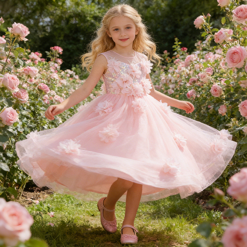 Vestido infantil vestido floral tridimensional vestido de princesa vestido de fiesta de cumpleaños vestido de niña floral vestido de niña